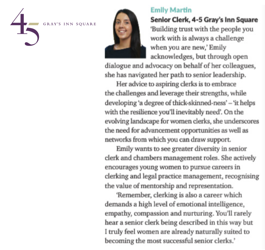 4-5 Gray's Inn Square are happy to announce that our Senior Clerk Emily Martin has featured in this month’s issue of Counsel Magazine ‘Celebrating Change’. 

To read the full article, please click the link here on (page18); 
lnprodstorage.z35.web.core.windows.net/Counsel/2024/A…

#CounselMagazine