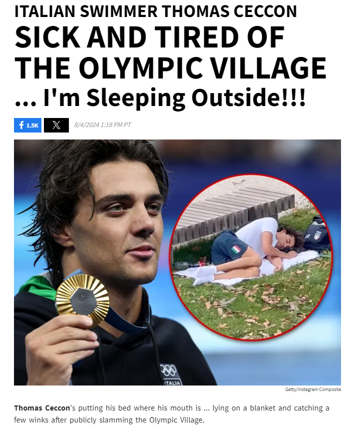 Eyaaaad's tweet photo. السباح الإيطالي الشهير "توماس سيكون" والحائز على ميداليتين إحداها ذهبية ينام في العراء كالمشردين بسبب سوء الخدمات في مساكن القرية الأولمبية في باريس لعدم وجود تكييف وارتفاع درجة حرارة الغرف والطعام الرديء الذي تم تقديمه للرياضيين حسب شكواه التي رفعها لهم ولم تجد آذان صاغية. https://t.co/CoO50cs5b3