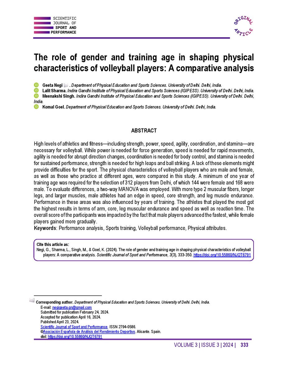 Negi, G., Sharma, L., Singh, M., &amp; Goel, K. (2024). The role of gender and training age in shaping physical characteristics of volleyball players: A comparative analysis. Scientific Journal of Sport and Performance, 3(3), 333–350. doi.org/10.55860/NJQT6…