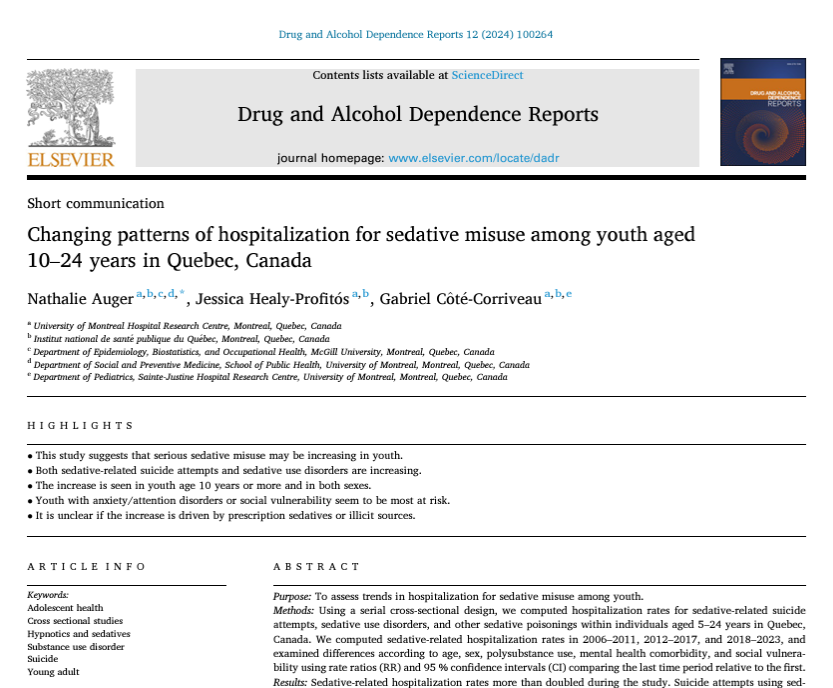 DrugAlcReports's tweet image. Youth hospital admissions for #sedative use have doubled the past 15 years in Quebec, Canada. Sedative use requiring hospitalization appears to be a growing problem, especially for youth with anxiety/attention disorders and social vulnerability. bit.ly/3Ak8xIO