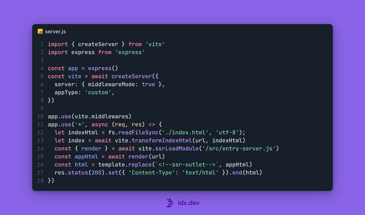 _davideast's tweet photo. Vite's SSR API is really slick. 

Connect a vite server with a library like express through middleware. 

Then you can use helper methods for adding Vite specific features while still having control over the rendering. https://t.co/eAh7Rru0Sj