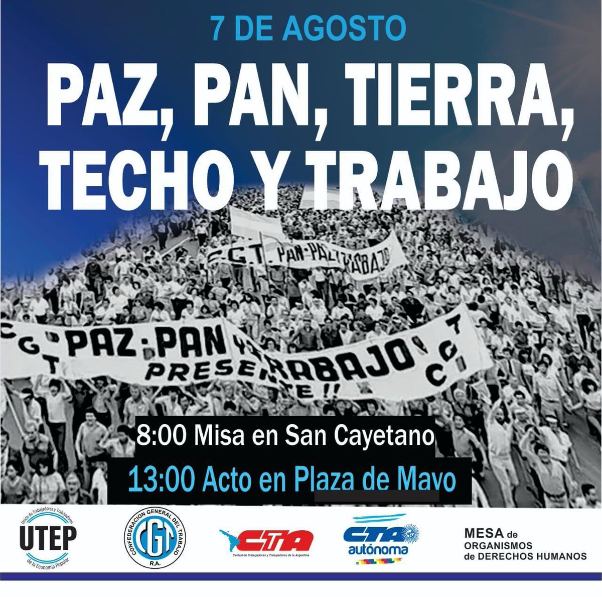 GeneroCTA's tweet image. Este 7 de Agosto, desde el sindicalismo feminista estaremos en las calles por Paz, Pan, Techo y Trabajo.
‼️El #hambre es un CRIMEN
‼️Emergencia Alimentaria ya!

🗓️Miércoles 7/8
📍Plaza de Mayo, CABA
⏰ 13 hs