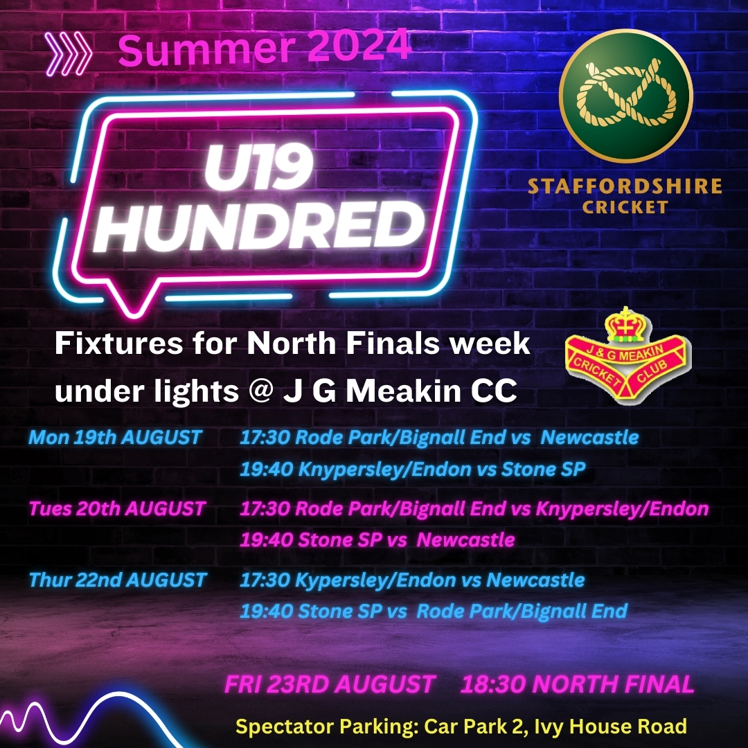 StaffsCricket's tweet photo. STAFFORDSHIRE UNDER 19 100
Just 2 weeks to go to Finals week @JGMeakinsPV.  Good luck to all teams taking part.
@rode_parkcc @bignall_end_cc @1921NHCC @Knypersleycc @Endoncc @StoneSPCC

Come along &amp; support - there's sure to be some great action! Food &amp; Drink available all night. https://t.co/NBc0XRHG8c