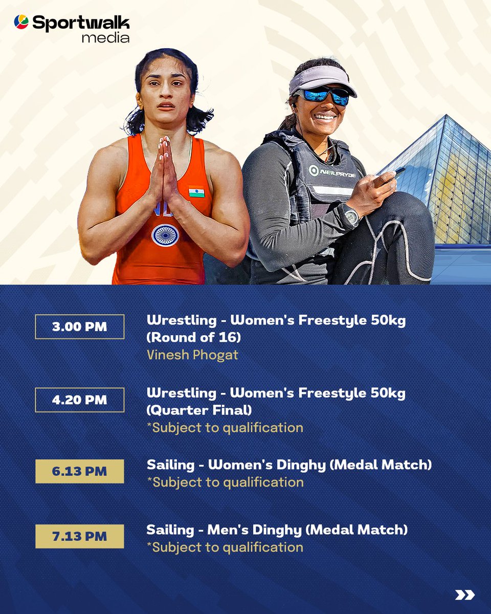 sportwalkmedia's tweet photo. 🗓 𝗗𝗔𝗬 𝟭𝟭 𝗮𝗻𝗱 𝗮 𝗹𝗼𝘁 𝗼𝗳 𝗶𝗺𝗽𝗼𝗿𝘁𝗮𝗻𝘁 𝗲𝘃𝗲𝗻𝘁𝘀 𝗶𝗻 𝘀𝘁𝗼𝗿𝗲! As we move on to day 11 of #Paris2024, here are some key events lined up for tomorrow 👇 

💪 India's golden boy, Neeraj Chopra begins his campaign in the men's javelin throw event alongside Kishore Jena. Hopefully, Neeraj Chopra delivers this time around as well.

🏓 A difficult clash for the men's table tennis team in the round of 16 as they take on China.

🏑 The men's hockey team will take on Germany in the semi-final. A win in tomorrow's clash will take India into the Gold medal match and assure a medal for India.

💪 Vinesh Phogat also gets her campaign underway tomorrow.

👉 𝗙𝗼𝗹𝗹𝗼𝘄 @sportwalkmedia 𝗳𝗼𝗿 𝗲𝘅𝘁𝗲𝗻𝘀𝗶𝘃𝗲 𝗰𝗼𝘃𝗲𝗿𝗮𝗴𝗲 𝗼𝗳 𝗜𝗻𝗱𝗶𝗮𝗻 𝗮𝘁𝗵𝗹𝗲𝘁𝗲𝘀 𝗮𝘁 𝘁𝗵𝗲 𝗣𝗮𝗿𝗶𝘀 𝗢𝗹𝘆𝗺𝗽𝗶𝗰𝘀 𝟮𝟬𝟮𝟰!

📸 Pics belong to the respective owners • #NeerajChopra #HarmanpreetSingh #PRSreejesh #KishoreJena #SharathKamal #VineshPhogat #Paris2024  #ParisOlympics #OlympicGamesParis #IndianSports #Cheer4India #TeamIndia #Sportwalk