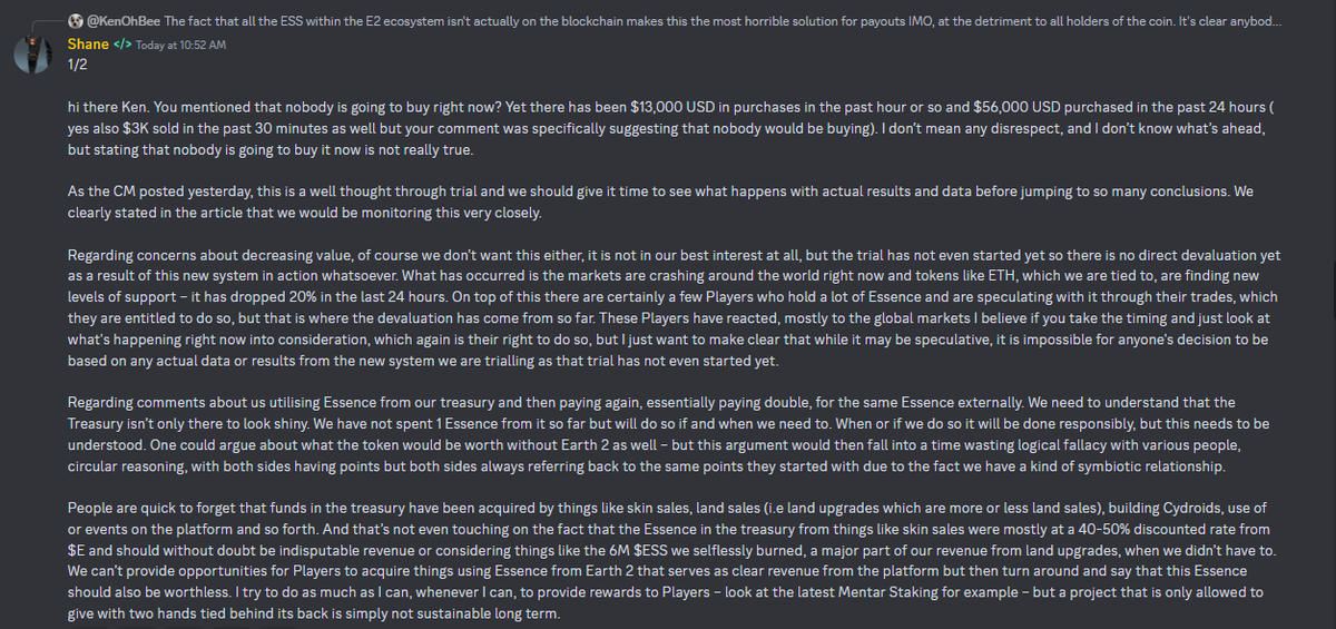 E2News's tweet photo. Shane hopped in #Earth2 discord a while ago to comment on the concerns around using $ESS for pending Fiat E$ withdrawals (proposed as a temporary alternative solution)

He emphasized that the solution has not been yet deployed and that the current drop in $ESS is due to the sharp fall in overall crypto market since the main LP for Essence is linked to $ETH.  

He also stated  that the proposed solution has been well thought out and the best among multiple alternatives considered.