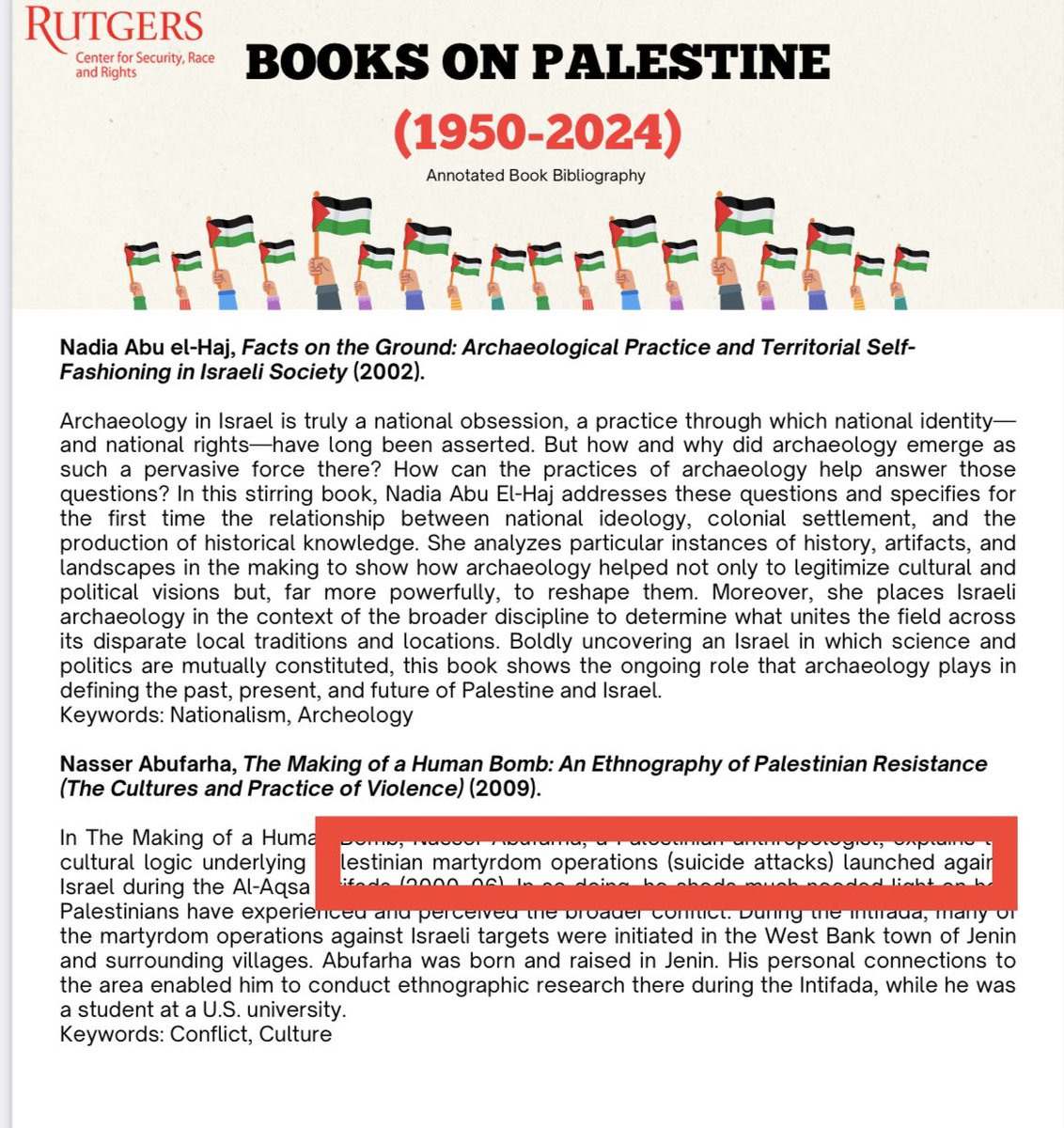 EYakoby's tweet image. Breaking: The Rutgers Center for Security Race, and Rights releases a document which describes how “suicide bombings” are legitimate. 

The same center hosted, on the 20th anniversary of 9/11, an event which blamed “U.S. imperialism” for the 9/11 terrorist attack.
