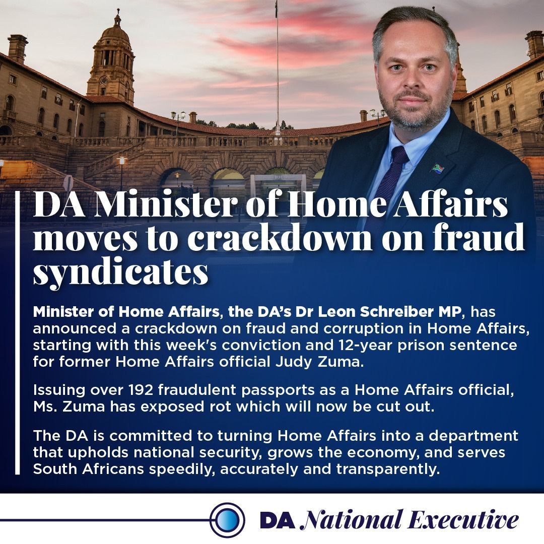 🚨 Ending fraud in government! DA’s Dr. Leon Schreiber MP has announced a crackdown on corruption in Home Affairs, starting with a 12-year sentence for Judy Zuma for issuing over 192 fraudulent passports. The DA is committed to making Home Affairs secure and efficient.

#DAatWork