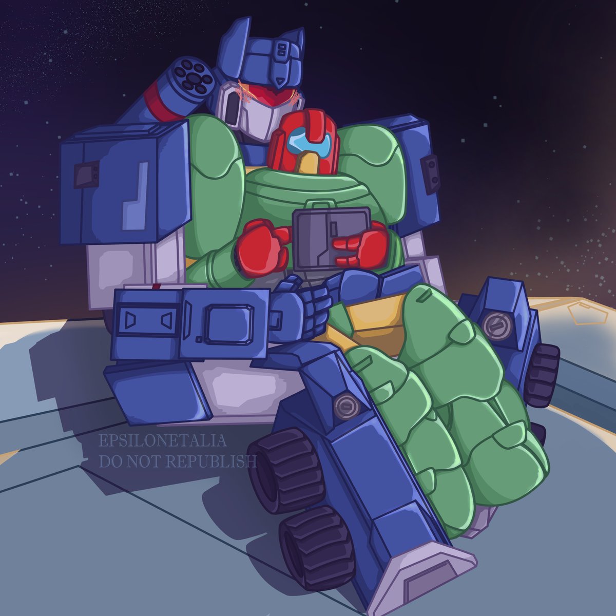 EtEpsilon's tweet photo. Admiring Different Views.
Doodle turned into a full fledged piece! :D Honestly adore how it turned out. Always need some good Coswave in my life. And Soundwave admiring his Cosmos seemed fitting 💚💙
#coswave #Maccadams #transformersfanart #Transformers https://t.co/e22YWO146O