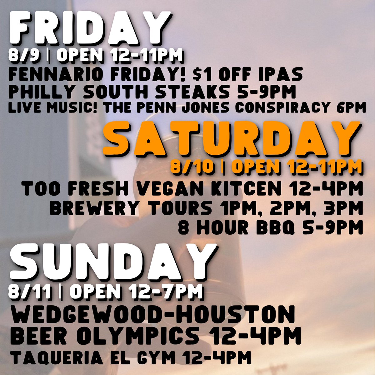 Happy Monday, folks! Here’s what’s happenin’ this week at the taproom!

TUESDAY: Open 2-10pm

WEDNESDAY: Open 2-10pm

THURSDAY: Open 2-10pm

FRIDAY: Open 12-11pm

SATURDAY: Open 12-11pm

SUNDAY: Open 12-7pm

Be Legendary, Drink Legendary 🍻