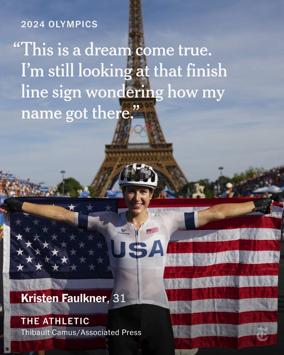 nytimes's tweet photo. From @TheAthletic: Kristen Faulkner got into cycling by riding her bike around Central Park in New York City. She then quit her venture capital job to fully commit to cycling. A replacement athlete in Paris, she stunned everyone by winning gold on Sunday. https://t.co/AR1bRepeR8 https://t.co/PtgyTjqe15