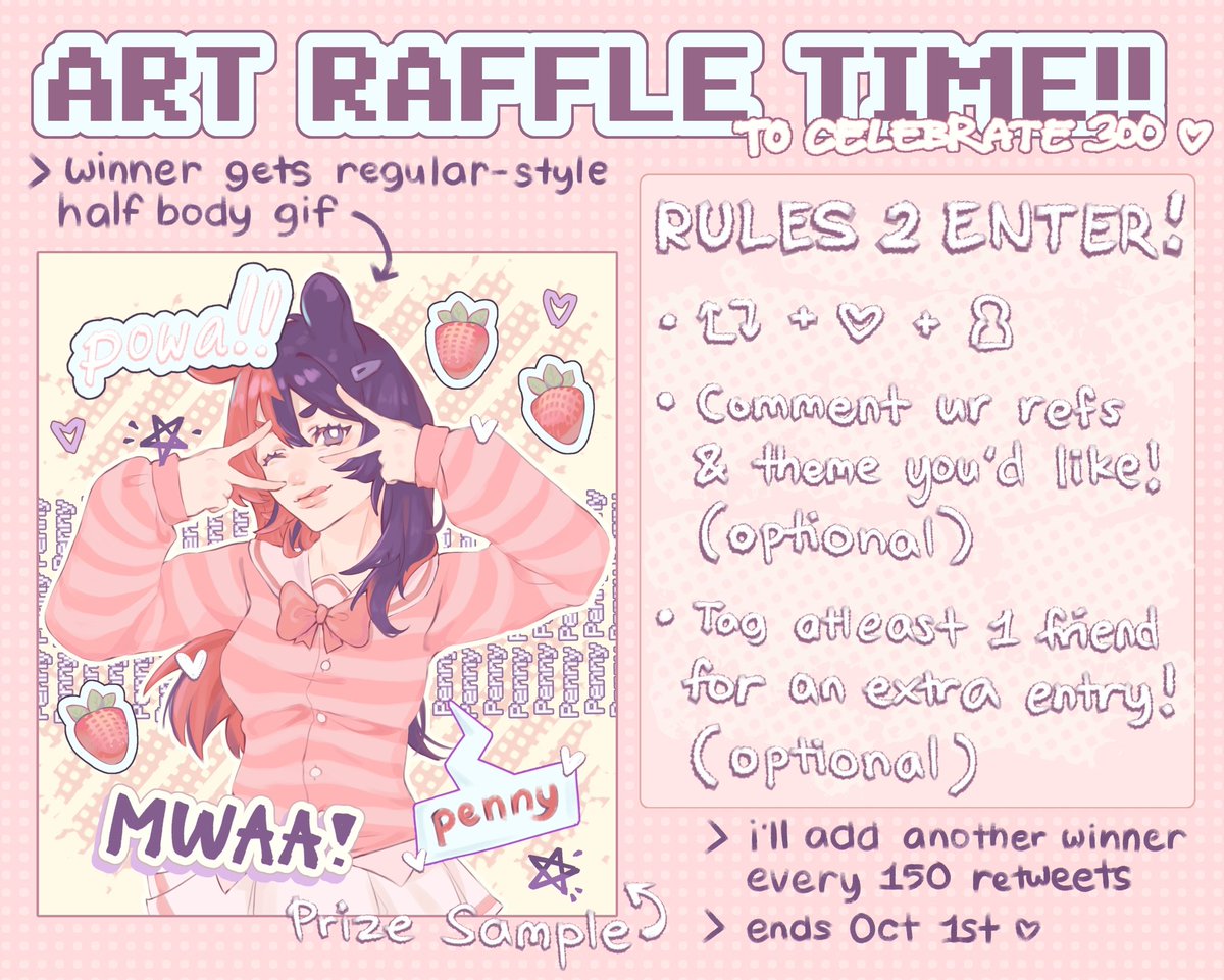 ✿ ART RAFFLE TIME!! ✿
To celebrate 300 ♡

RULES 2 ENTER!
• RT, LIKE, &amp; FOLLOW!
• Comment your refs and theme! (optional)
• Tag atleast 1 friend for an extra entry! (optional)

See image for more info ♡

✿ Ends on Oct 1st! ✿

#artraffle #art #freeart #artist #digitalart