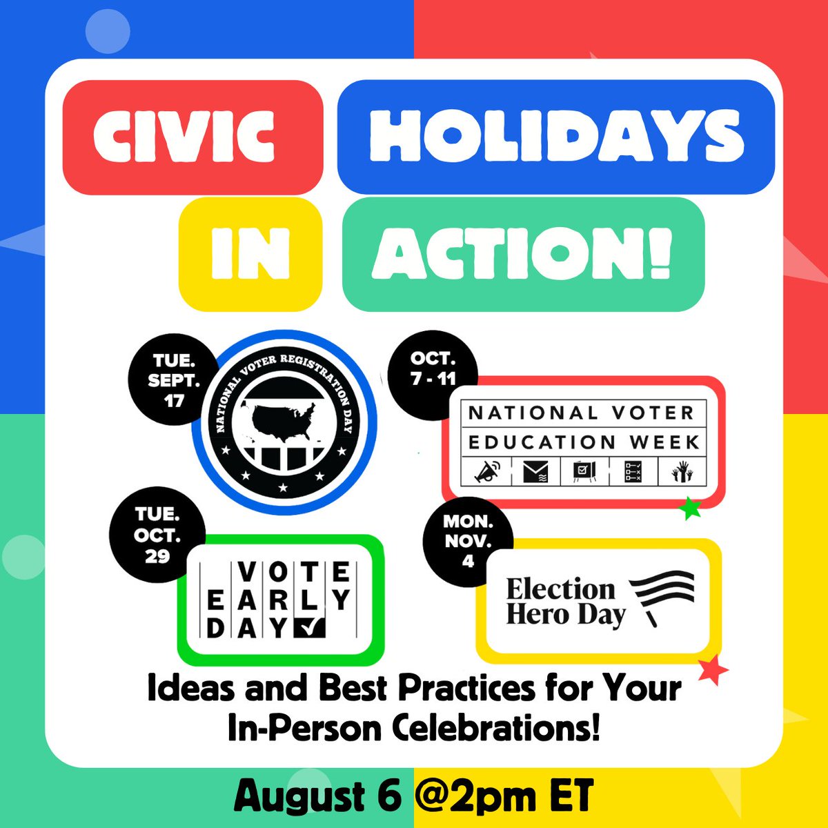 The Civic Holidays are near &amp; democracy is the reason for the season! Join "Civic Holidays in Action" on 8/6 2pm ET with <a href="/voteearlyday/">Vote Early Day</a>, @natlvoteredwee, <a href="/electionheroday/">Election Hero Day</a> &amp; yours truly to learn how to celebrate democracy from now to Election Day!

RSVP: bit.ly/CivHol24