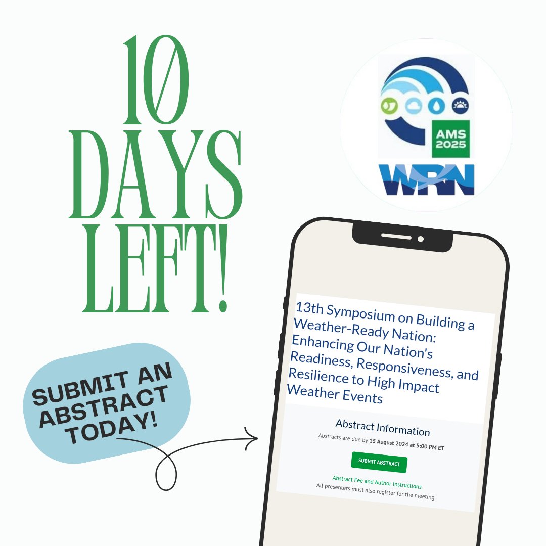 amswrn's tweet photo. 10 Days Left before the Abstract deadline! Head to the link below to submit one for the 13th WRN Symposium and to see what topics we are looking for!
https://t.co/OcZ27lm0Cd
#amswrn #ametsoc #amsnola25 https://t.co/R7tyJfLmkZ