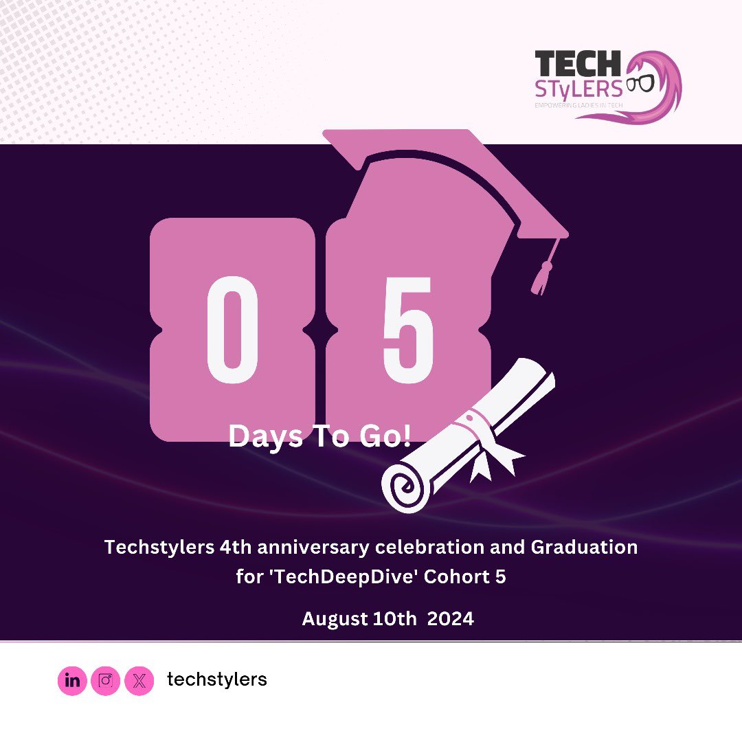 🎉 Only 5 Days to Go! 🎉

Get ready for a spectacular celebration! It’s our 4th Anniversary &amp; the grand graduation of our TechDeepDive Cohort 5. This milestone wouldn't have been possible without each &amp; every one of you.

📅 Date: August 10th, 2024
📍rebrand.ly/TS4thAnniversa…
#tech