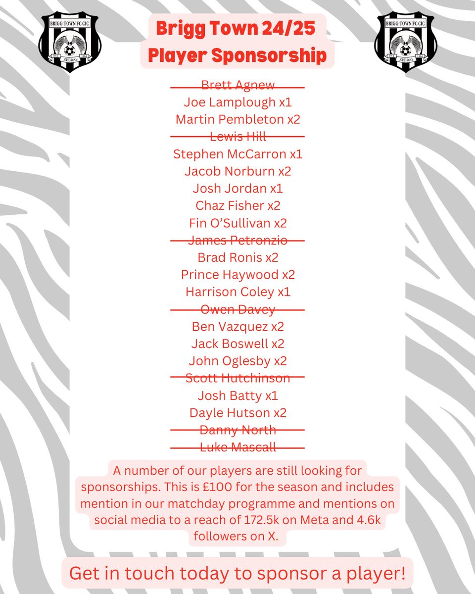 officialbrigg's tweet photo. ⚫️⚪️ 𝐏𝐥𝐚𝐲𝐞𝐫 𝐒𝐩𝐨𝐧𝐬𝐨𝐫𝐬𝐡𝐢𝐩 𝟐𝟒/𝟐𝟓

We are still looking for sponsorship for some of our players.

What does £100 sponsorship get you? 
•Mentioned in our match day programme
•Mentioned on social media to a reach of 172.5k on Meta and 4.6k followers on X https://t.co/tgQUwU8PFs