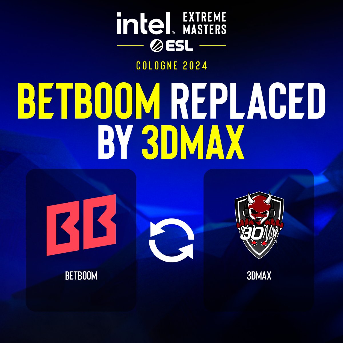 Intel® Extreme Masters (@iem) on Twitter photo Unfortunately, <a href="/BetBoomTeam/">BetBoom Team</a> have been unable to obtain visas to travel to #IEM Cologne and have been replaced by <a href="/3DMAXGaming/">Team 3DMAX</a> as the next eligible team based on our Team Replacement Rules. Unfortunately, <a href="/BetBoomTeam/">BetBoom Team</a> have been unable to obtain visas to travel to #IEM Cologne and have been replaced by <a href="/3DMAXGaming/">Team 3DMAX</a> as the next eligible team based on our Team Replacement Rules.