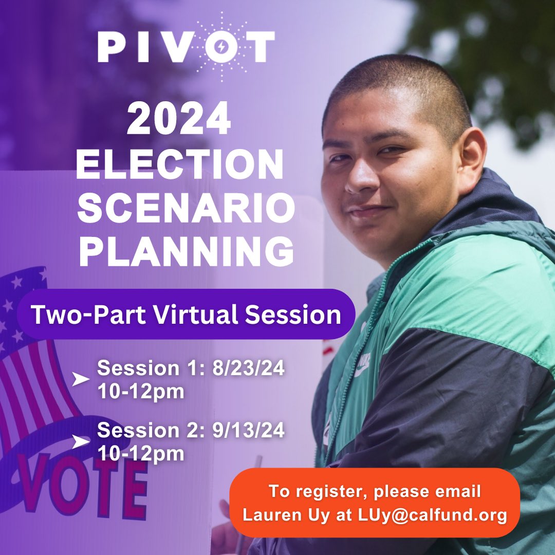 Join us in a two-part scenario planning session as we come together to increase strategic alignment between organizers and funders on possible November 2024 Election scenario outcomes and the pathway needed to respond to the moment.

Email LUy@calfund.org for more info!