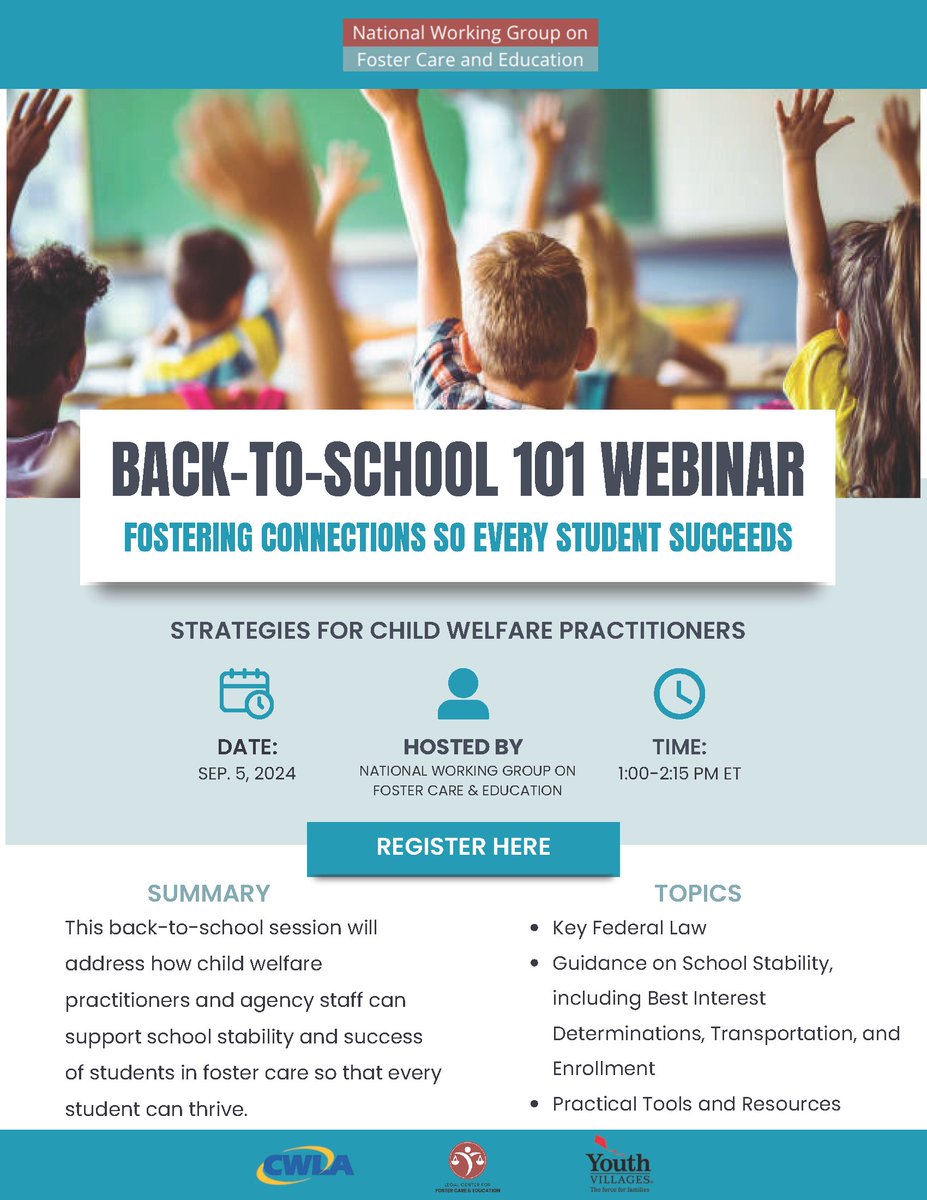 Join us on September 5th for the webinar "Back to School 101: Fostering Connections so Every Student Succeeds," presented in partnership with <a href="/youthvillages/">Youth Villages</a>  and the Legal Center for Foster Care and Education.

Register here! tinyurl.com/2vnzrnka
