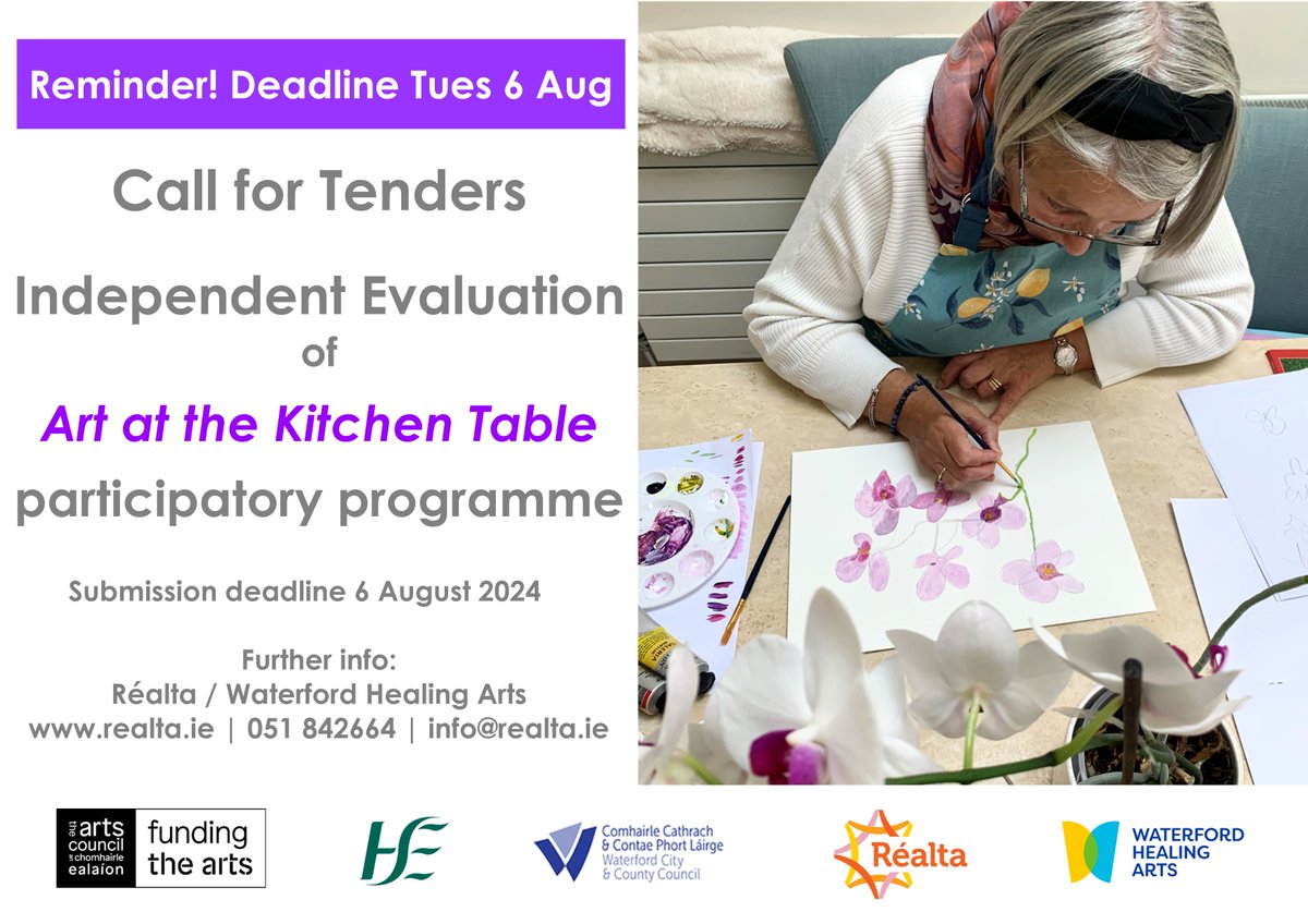 Deadline reminder: Tues 6 Aug for tenders to evaluate our <a href="/WHATartshealth/">Waterford Healing Arts</a> Art at the Kitchen Table programme. Full brief here: realta.ie/wp-content/upl… AKT is delivered in partnership with Waterford City &amp; County Council. Realta is core funded by <a href="/artscouncil_ie/">The Arts Council / An Chomhairle Ealaíon</a> &amp; <a href="/HSELive/">HSE Ireland</a>