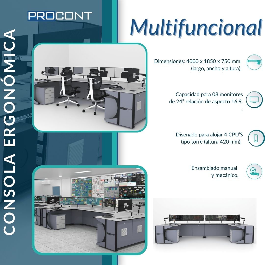Procont_sac's tweet image. #ConsolaErgonómica MULTIFUNCIONAL de plataforma fija ha sido diseñada para ofrecerte la máxima comodidad y un amplio espacio de trabajo. 
acortar.link/0QrFXC
 #saladecontrol #centrodecontrol #CentroDeMonitoreo #mobiliarioergonomico  #Innovation #controlroom