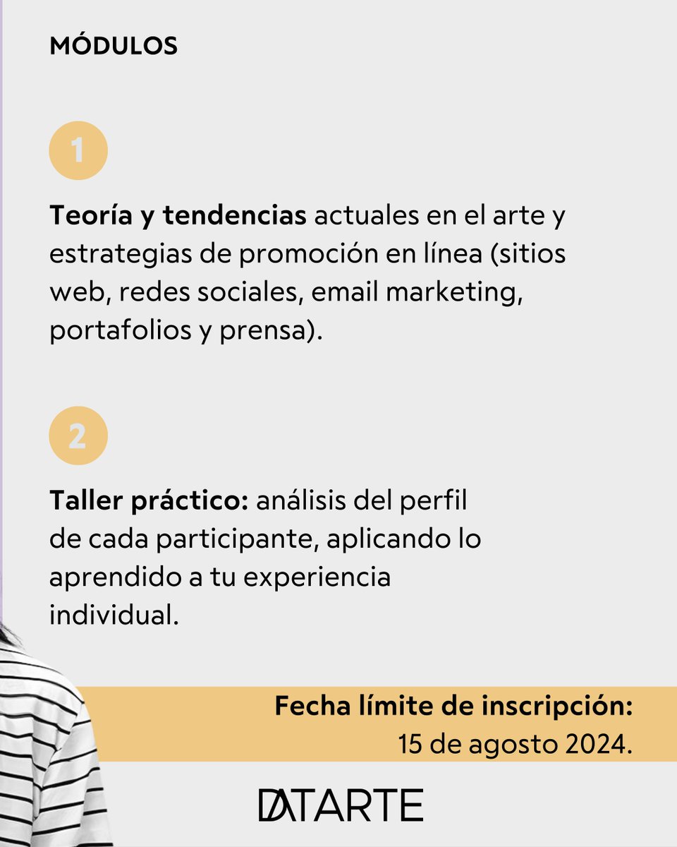 Datarte_art's tweet photo. ¡Prepárate para elevar tu carrera artística con nuestro próximo curso: “Estrategias de Promoción para Artistas Visuales”! ✨

📅 Fechas: Jueves 22 y Viernes 30 de Agosto

Regístrate antes del 15 de agosto en este link: https://t.co/YY3GxQqmG9 https://t.co/hNLcS3nO66