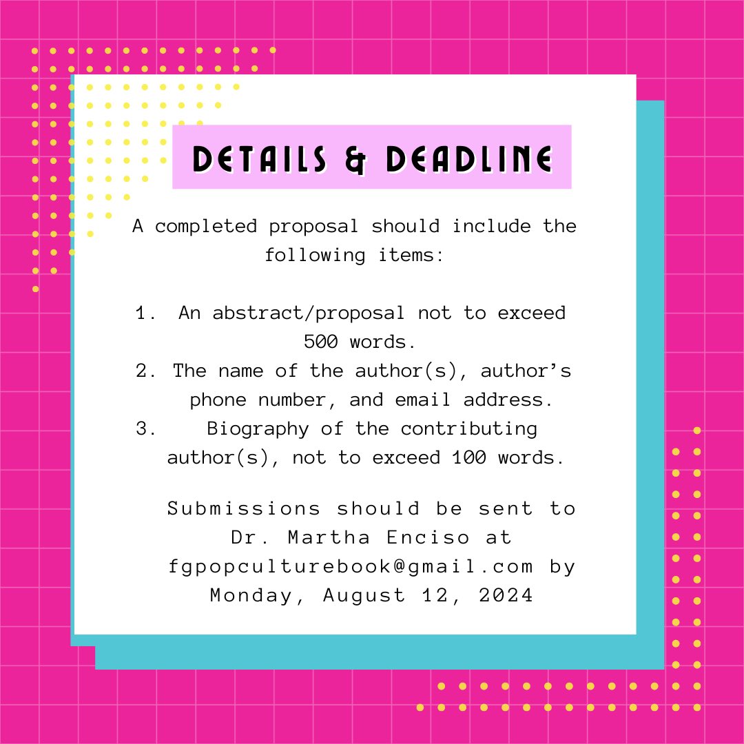 💥 If you’re utilizing first-gen narratives in pop culture and/or mass media in ur first-gen college stu programs/services/initiatives/courses, <a href="/DrLTMiles/">La'Tonya Rease Miles ⚡️</a> &amp; I encourage you to submit a proposal.

📚 Email submissions are due by 8/12/24 to fgpopculturebook@gmail.com 
#firstgen