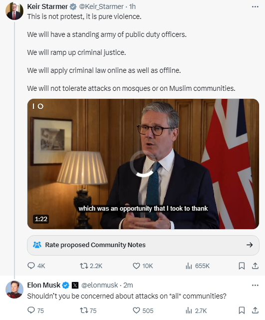 🚨 NEW: Elon Musk has hit out at Keir Starmer, saying he should be concerned about attacks on all communities not just Muslim communities