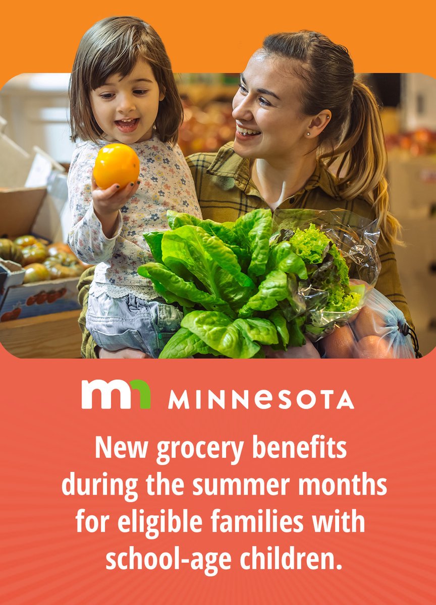 Eligible Minnesota families with school-age children will receive Summer EBT food benefits to help provide healthy lunches while school is not in session. Most will receive their card in August. Learn more at dcyf.mn.gov/summer-ebt.