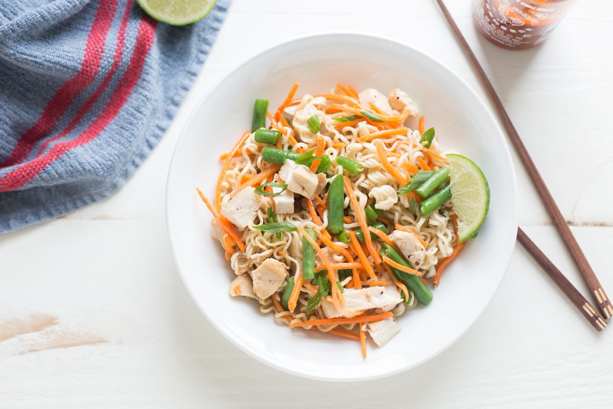 Sriracha Chicken Ramen Salad | With fresh vegetables and marinated chicken in a sweet and savory dressing, this ramen salad is great served warm or chilled. It's easy to customize and our members love it for meal prep and lunch leftovers. | buff.ly/3Ym9YRg #mealplan