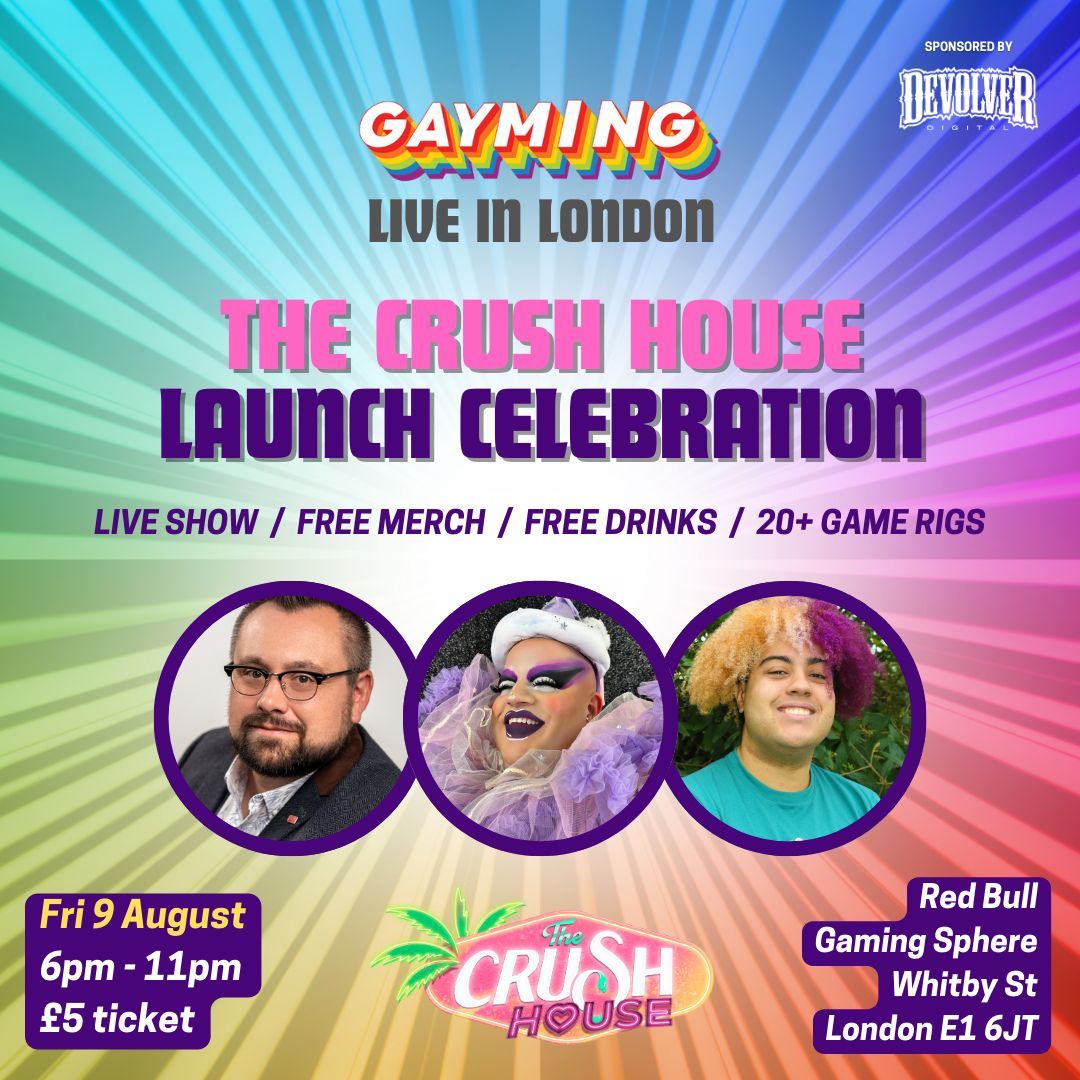 gaymingmag's tweet image. FRIDAY... it's the @TheCrushHouse Launch Celebration, sponsored by @devolverdigital

Don’t miss this interactive night with playable games, free drinks and free merch! With special guests @sharcooterie and @ChochyPlays

📍 Red Bull Gaming Sphere, London
🎟️ buff.ly/459JrYF