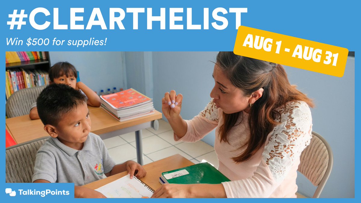 Week 2 of #clearthelist with TalkingPoints! 
1️⃣ Follow us 2️⃣ Enter to win 3️⃣ Share this post

hubs.la/Q02K3W_j0

#teachertwitter #schoolsupplies #teacherappreciation #familyengagement #backtoschool
