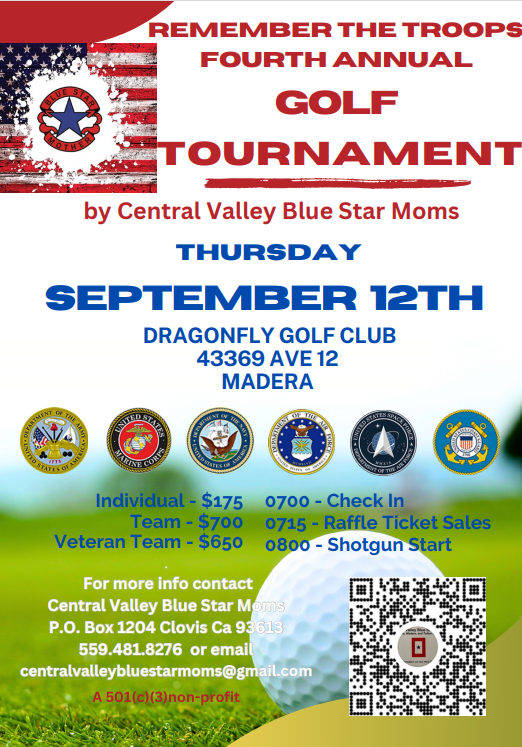 Join the 4th annual Golf Tournament hosted by #CentralValleyBlueStarMoms on 9/12/24. Purchase tickets to support US Troops and explore sponsorship opportunities. Contact centralvalleybluestarmoms@gmail.com for more information.

#golftournament #maderaca #chambermember