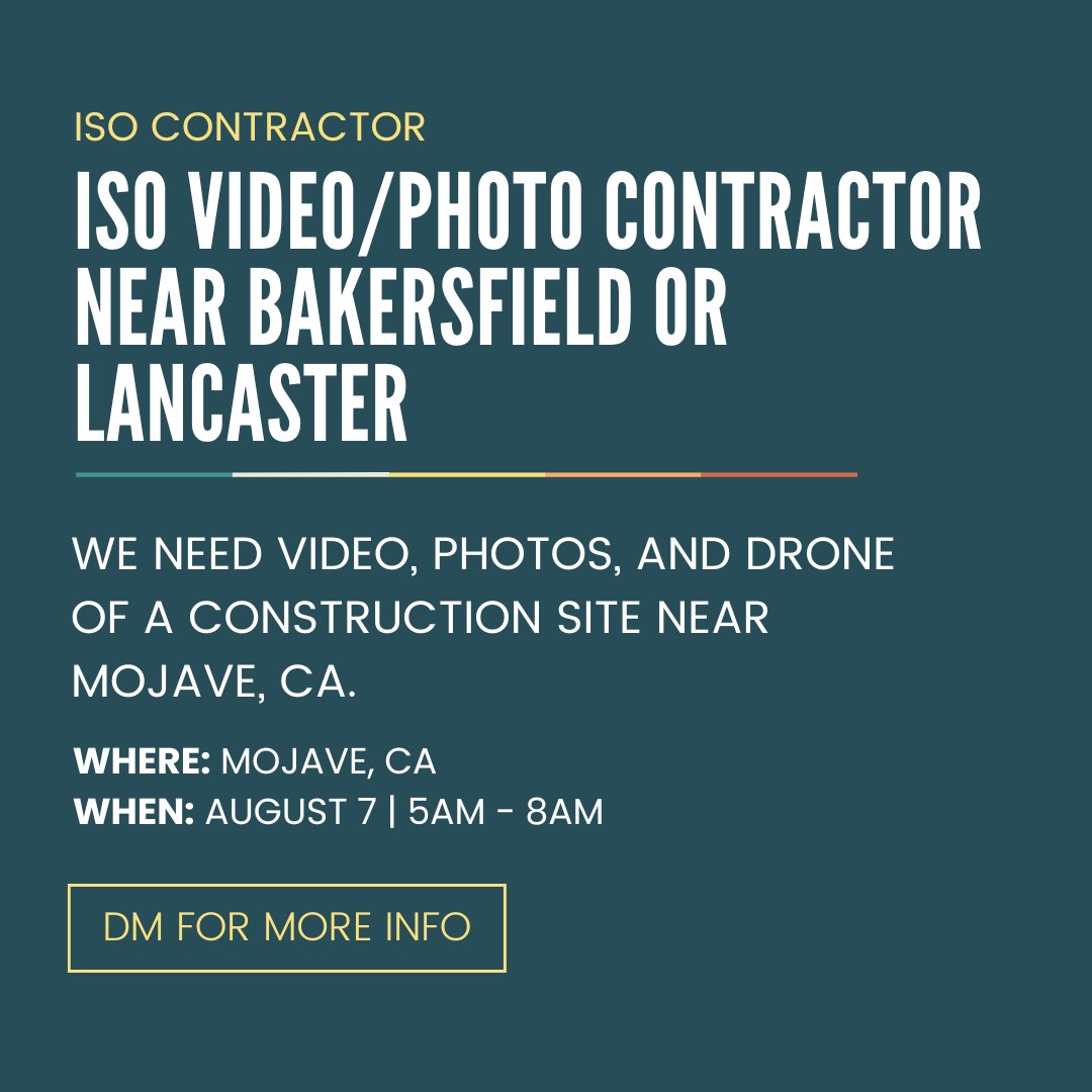 We have an upcoming shoot this Wednesday (8/7) near Mojave, CA and need a contractor nearby to get video, photo, and drone content of a construction site. Paid with travel reimbursement.

DM us on IG if interested!