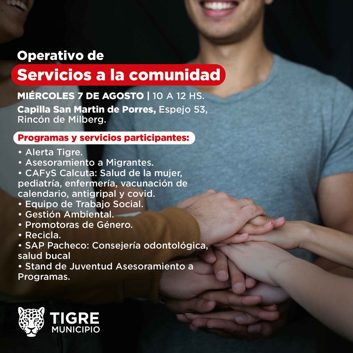 tigre_social's tweet photo. Este Miércoles 7 de Agosto, te esperamos en la Capilla San Martin de Porres, Espejo 53, Rincón de Milberg; donde llevaremos a cabo un nuevo "Operativo de Servicios a la Comunidad", para que puedas resolver diferentes trámites.
¡No te lo pierdas!

@MunicipioTigre
@ZamoraJulio https://t.co/3VueJtGaNT