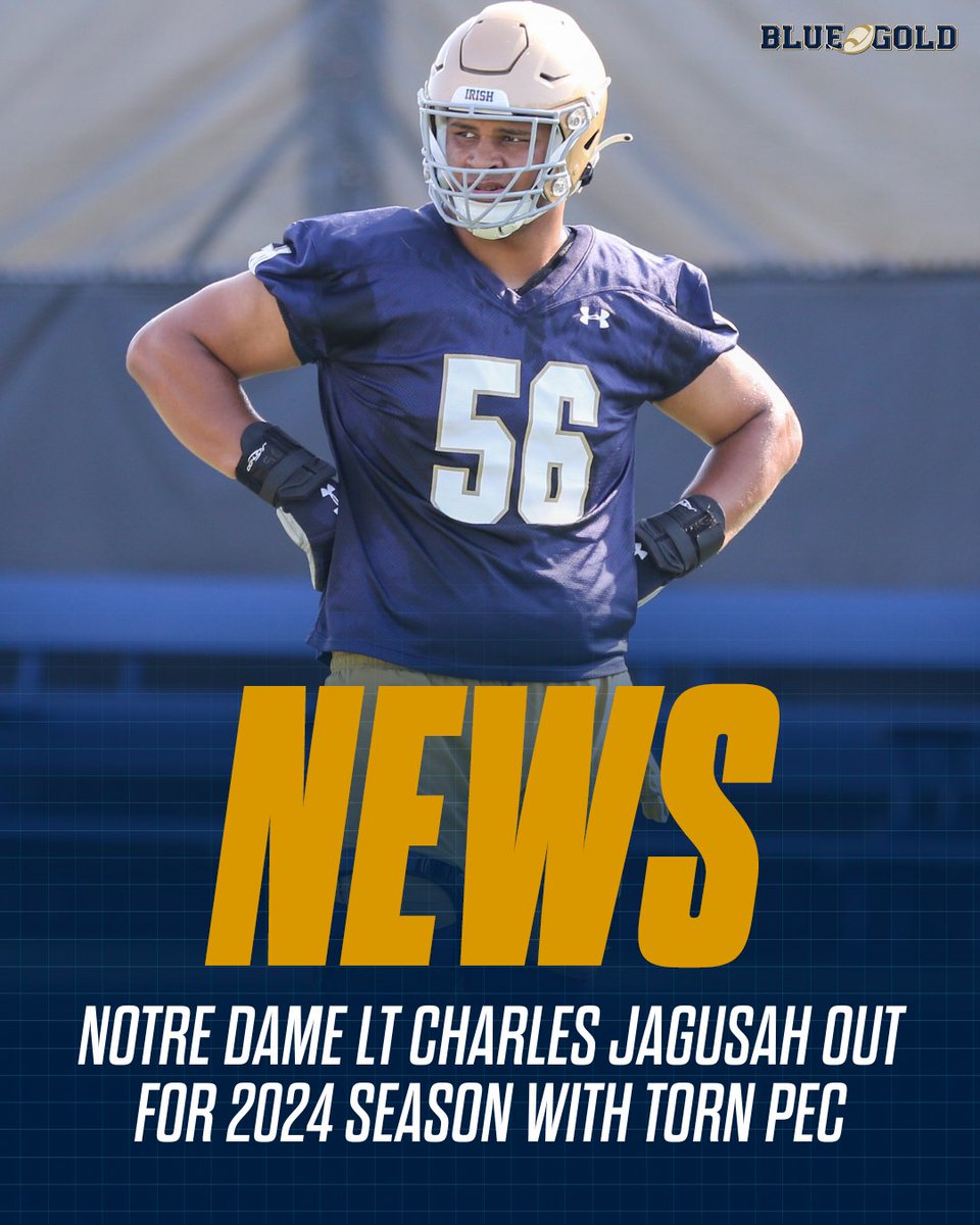 BGInews's tweet photo. BREAKING: Notre Dame left tackle Charles Jagusah is out for the 2024 season with a torn pectoral muscle.
He suffered the injury during Saturday's practice. Jagusah was the team's No. 1 left tackle.
@tbhorka's story: https://t.co/XEmQ8CmY1L