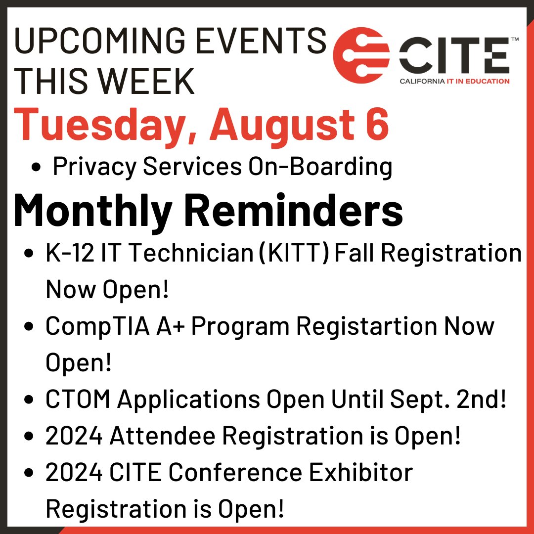 Happy Monday! Here are some of CITE's upcoming events for this week. Visit the CITE Community Calendar to see even more! cite.org/events
#CITE_EDU #k12sysadmin #edtech #technology