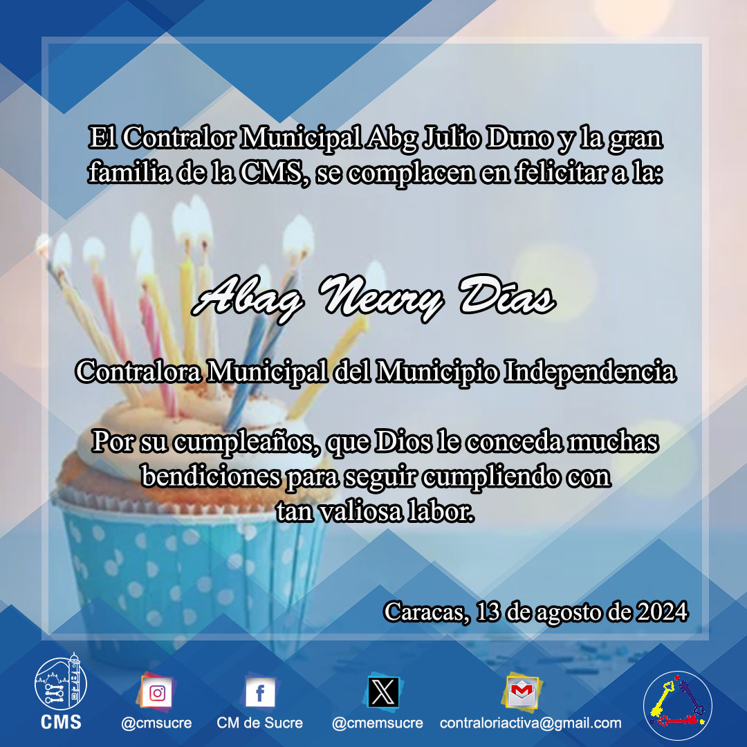 El Contralor Municipal del Municipio Sucre, Abg Julio Duno junto a su equipo de trabajo extiende su felicitación a la Contralora Municipal del Municipio Independencia del Estado Bolivariano de Miranda, Abg Neury Días, por cumplir un año más de vida.
¡Felicidades y Bendiciones!