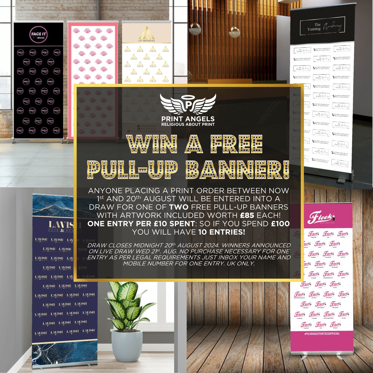 +++IT'S COMPETITION TIME!+++
WIN A FREE PULL-UP BANNER! 
ANYONE PLACING A PRINT ORDER BETWEEN NOW 1st AND 20th AUGUST WILL BE ENTERED INTO A DRAW FOR ONE OF TWO FREE PULL-UP BANNERS WITH ARTWORK INCLUDED WORTH £85 EACH!
ONE ENTRY PER £10 SPENT: SO IF YOU SPEND £100 YOU WILL HAVE