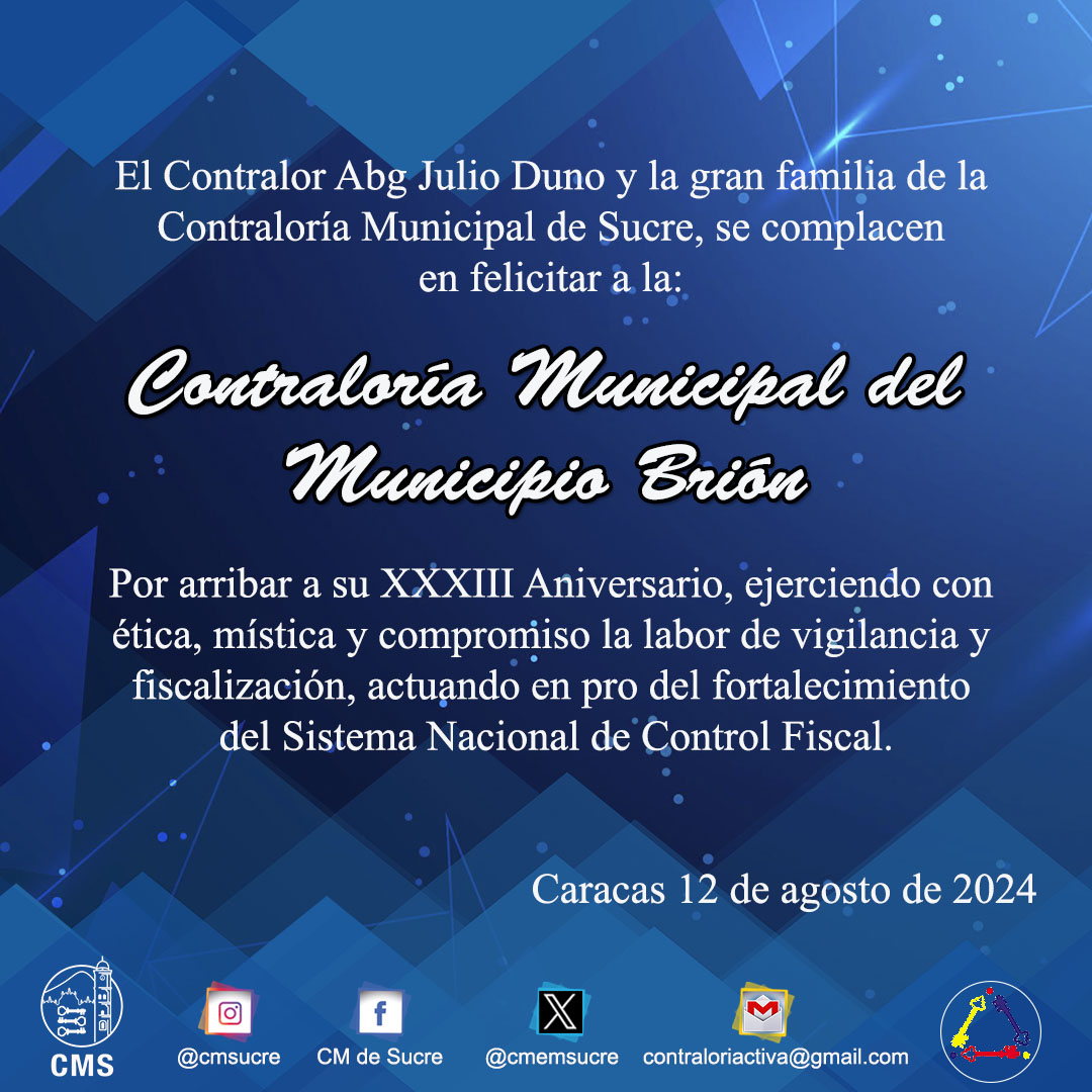 El Contralor Municipal del Municipio Sucre, Abg Julio Duno junto a su equipo de trabajo extiende su felicitación a la Contraloría del Municipio Brión por arribar a sus 33° Anversario.

¡Felicidades y éxitos!
.
.
.
.
#12Ago
#FelizLunes