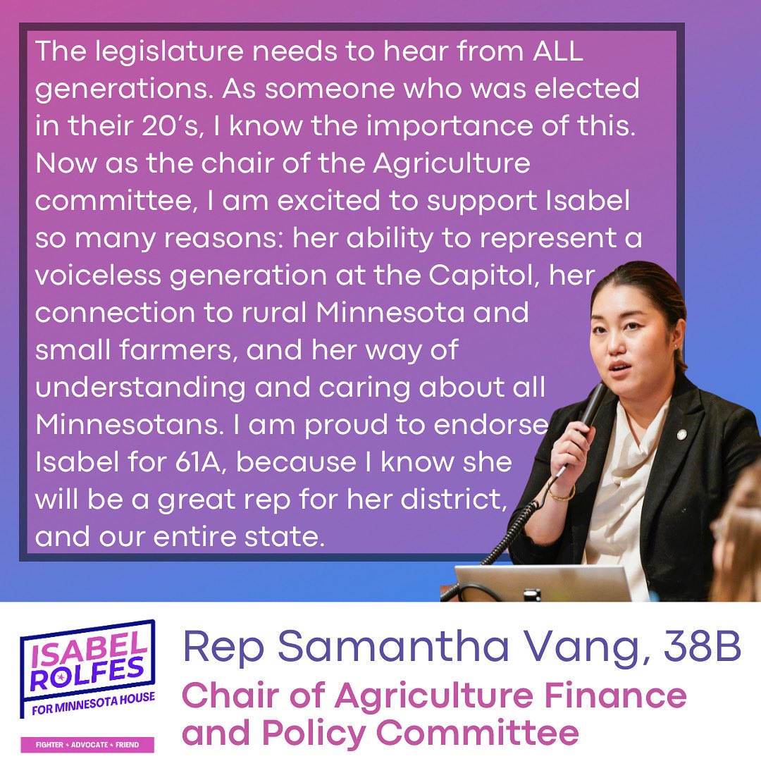 Thank you Chair Vang! Coming from a family of farmers, I am honored to have the backing of the House Agriculture Chair!