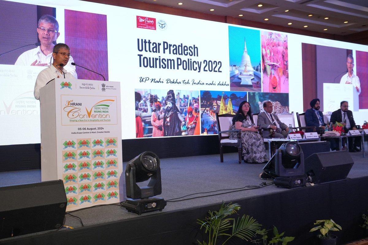 uptourismgov's tweet photo. The 3rd #HRANIConvention at #IndiaExpoCentre &amp; #Mart, #GreaterNoida, witnessed an insightful presentation by #UPTourism, the partner state, delivered by @MukeshMeshram, Principal Secretary, Tourism &amp; Culture.

#Hospitality #Event #HRANI #UttarPradesh #InvestInUP https://t.co/S5BIccdC2c