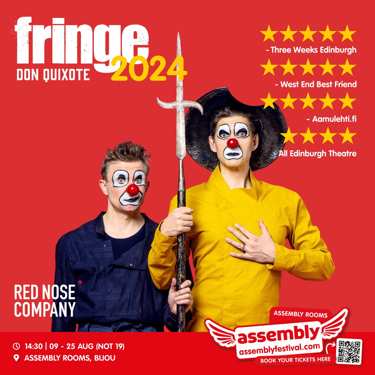rednosefi's tweet photo. Red Nose Company: Don Quixote at Edinburgh Fringe from 9th to 25th August (excluding 19th of August) @AssemblyFest - Assembly rooms, Bijou. See you in Edinburgh! 🫶 @edfringe #donquixote #rednosecompany https://t.co/HP48YLneAM