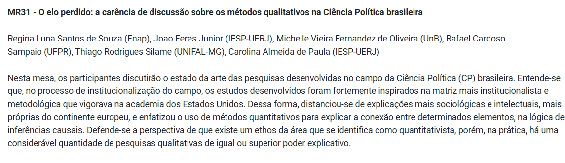 Amanhã, às 8h30, estarei em uma mesa redonda da <a href="/ABCP_bot/">ABCP</a>, apresentando resultados de uma pesquisa sobre o uso de métodos qualitativos na Ciência Política ao lado de colegas super qualificados! Para quem estiver presencial, encontre-nos  no PASL (2. andar), sala 10.