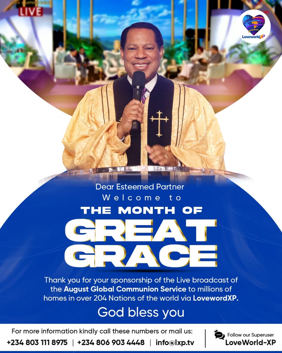 LoveworldMV's tweet photo. AUGUST IS THE MONTH OF GREAT GRACE !!!
Special things! Because Great grace is for special things! God’s attention is towards you to do you good… to bless you in a special way.. it’s His plan!-
#pastorchrisworthhearing #greatgrace #august #winningalltheway #wisdom https://t.co/3Ilxzmj8Et
