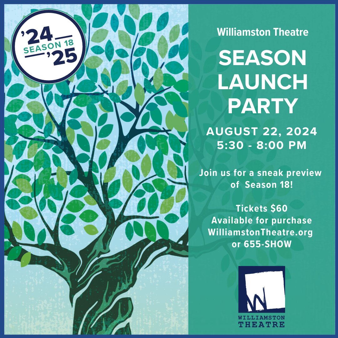 Join us to help kick off Season 18! Thursday, August 22. Tickets now on sale: 517-655-SHOW or bit.ly/BuyTixWT. #Season18WT #WilliamstonTheatre