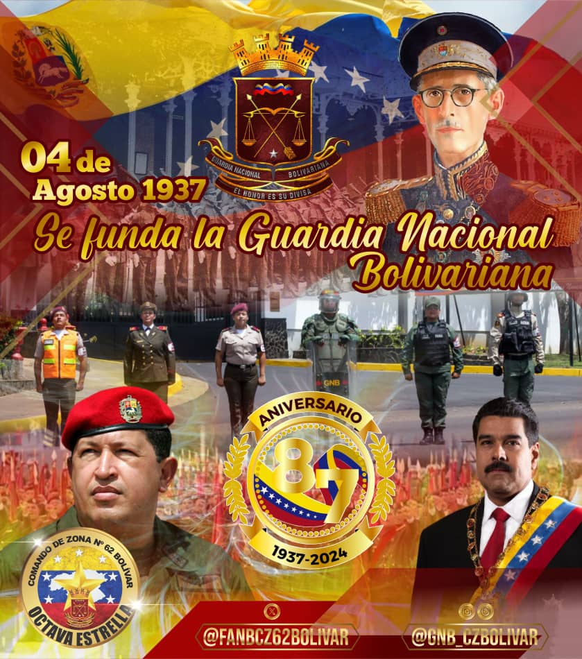 Felicito a los hombres y mujeres de Nuestra Guardia Nacional Bolivariana, que con gran Honor arriban los 87 años de Nuestra inquebrantable Guardia Nacional Bolivariana siempre al servicio del pueblo venezolano, garantizando la seguridad y resguardo de la Soberanía de la Patria.