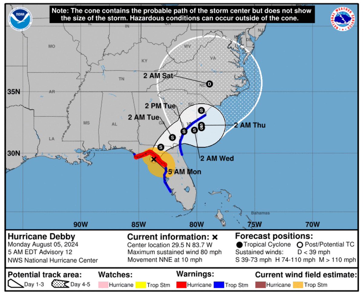 SCEMD's tweet photo. #Debby is expected to move very slowly over SC in the next few days, leading to potentially historic heavy rainfall. Projected rainfall totals for SC have increased. The current rainfall forecast through the next 7 days includes: https://t.co/TXJJ8b7prw