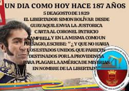 GNB_Petrolera's tweet photo. #05Ago Un 5 de agosto del 1829, Simón Bolívar, alertó sobre la amenaza de EEUU en contra de la Patria Grande.. https://t.co/tLViUaP7ob