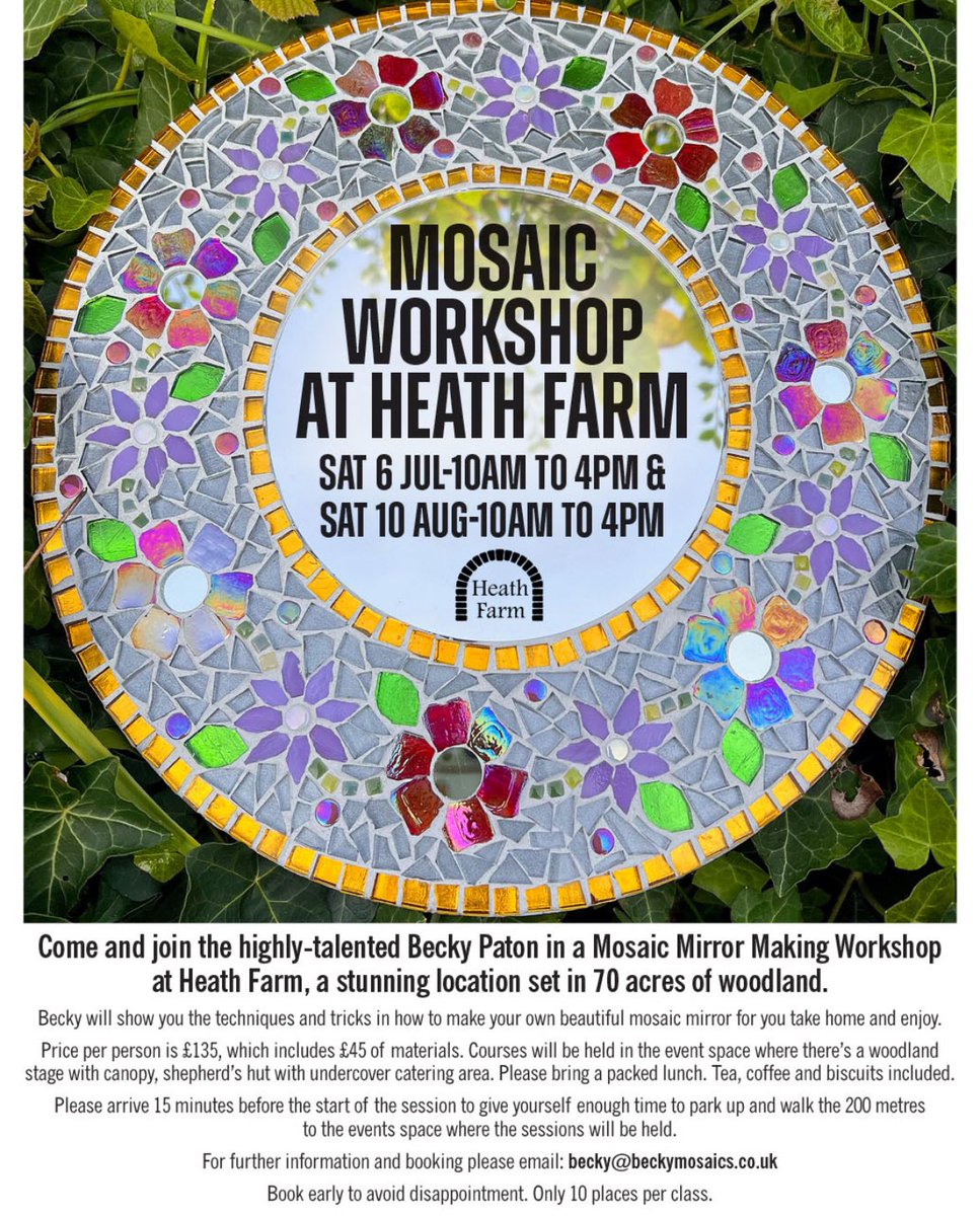 Last chance to grab a space on my mosaic floral mirror making course at Heath Farm Holiday cottages, near Bloxham in the Cotswolds, UK. #mosaic #mosaicworkshop