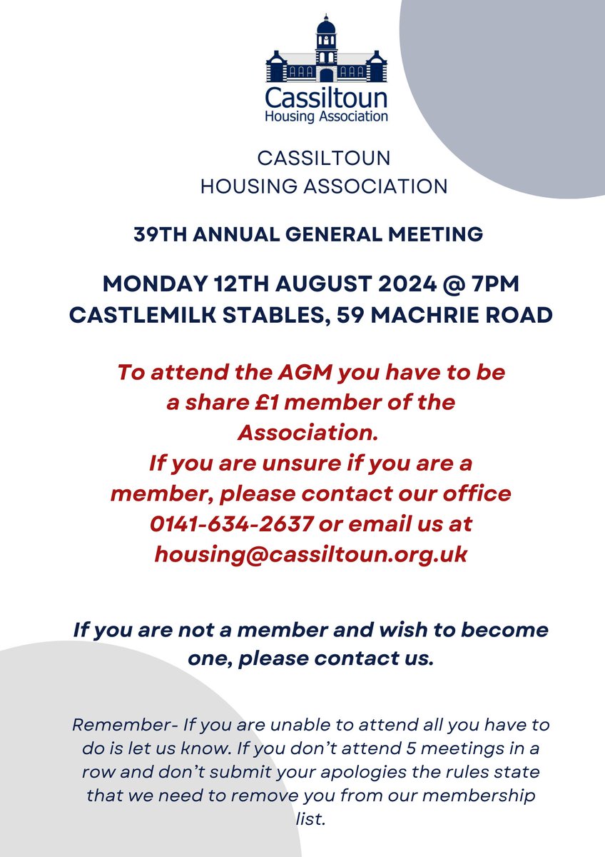 Cassiltoun Community Team (@cassiltoun) on Twitter photo One week today!📢
Our 39th Annual General Meeting will take place next Monday (12th August) at 7pm at the Stables
If you are a member and would like to attend or you would like to become a member please conatct us on 0141 634 2637 or email us at housing@cassiltoun.org.uk One week today!📢
Our 39th Annual General Meeting will take place next Monday (12th August) at 7pm at the Stables
If you are a member and would like to attend or you would like to become a member please conatct us on 0141 634 2637 or email us at housing@cassiltoun.org.uk